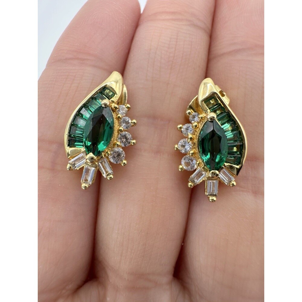 Gold Over Sterling Silver Green Clear Rhinestone Stud Earrings